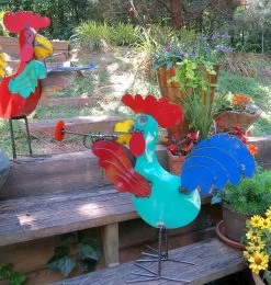 Jamming Roosters Metal Yard Art -The Birdhouse Chick rooster metal yard art