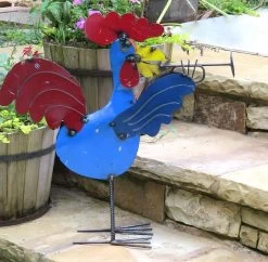 Jamming Roosters Metal Yard Art -The Birdhouse Chick rooster with trumpet yard art